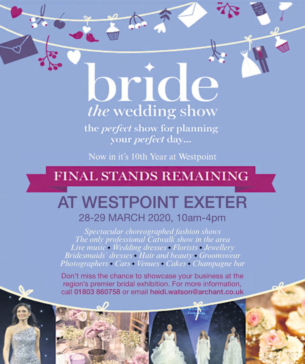 Dorset Bride (@bridedorset) on Twitter photo Are you a wedding business? Final stands remaining for Bride: The Wedding Show <a href="/WestpointExeter/">Westpoint Exeter</a> 28&29 March
We now have limited stand availability in the below categories:
Catering/Bar
Stationery
Venue
Photography
Honeymoon
Gifts
contact: heidi.watson@archant.co.uk Are you a wedding business? Final stands remaining for Bride: The Wedding Show <a href="/WestpointExeter/">Westpoint Exeter</a> 28&29 March
We now have limited stand availability in the below categories:
Catering/Bar
Stationery
Venue
Photography
Honeymoon
Gifts
contact: heidi.watson@archant.co.uk