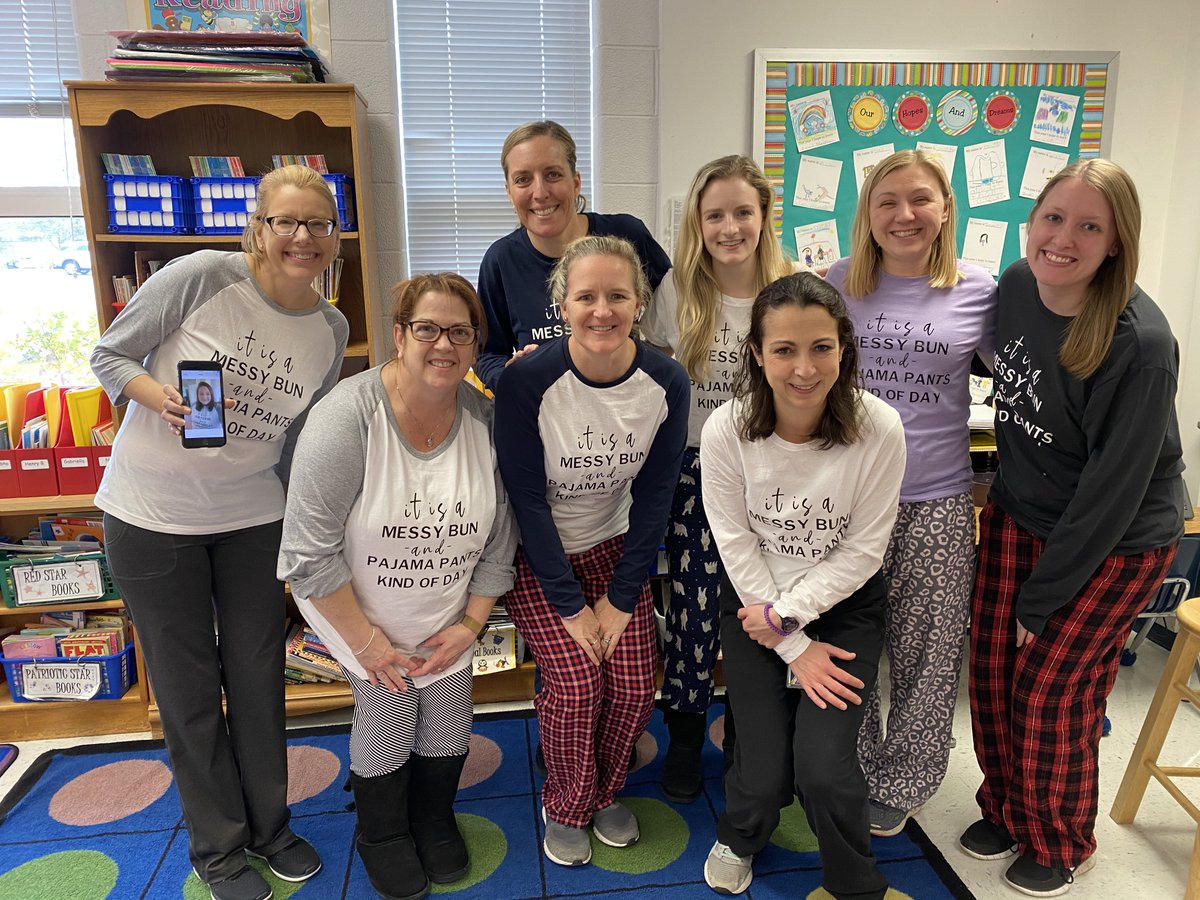 ProvidenceES's tweet photo. It's a messy bun and pajama pants kind of day!! The 1st grade team went all in for Pajama Day at PES! #loveourteachers #spiritday #pjsrock #region5proud https://t.co/RX40CsYAd9