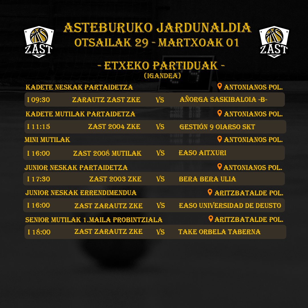 💥ASTEBURUKO ETXEKO PARTIDUAK 💥

Festak amaitu dira eta lanera itzultzeko garaia da.
Koloreztatu ditzagun berriz saskibaloiaz gure herriko kantxak! Badatoz asteburuko partiduak!!

Gertura zaitez gureak animatzera!!
⠀
#123ZAST #SaskiDa #FeelingSaski