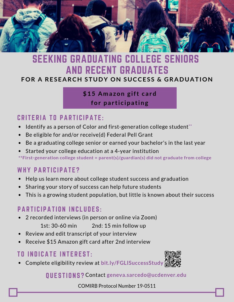 evergeneva's tweet image. Seeking graduating college Sr.'s &amp;amp; recent grads for research study on #firstgen/low-income (#FLI) college student of Color success &amp;amp; graduation!

bit.ly/FGLISuccessStu…

$15 Amazon gift card for participation
COMIRB Protocol #19-0511