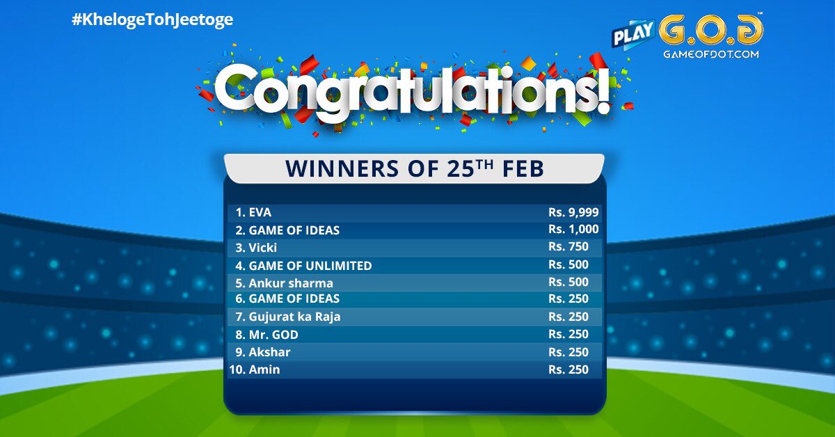 GameOfDot's tweet image. Aapka naam bhi iss list me shaamil ho sakta hai jab kheloge gameofdots.com pe.

#GameOfDot #KhelogeTohJeetoge #Cricket #cricketmerijaan #cricketfans #sports #cricketlovers #Contest #ContestWinners #love