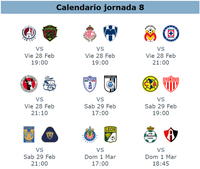 ImagenCalendario del clausura 2020 para la jornada 8 futbol mexicano