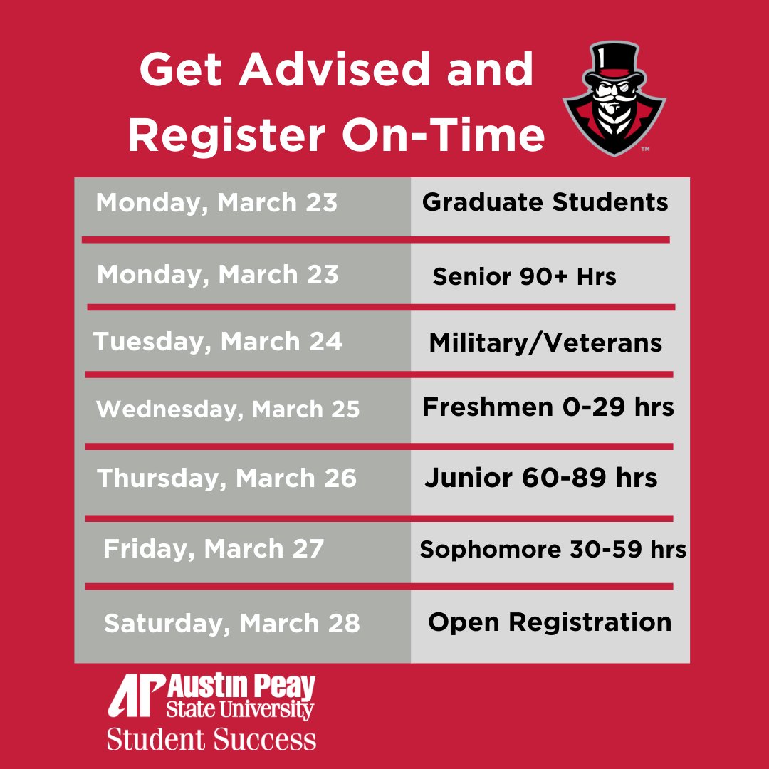 APSUSuccess's tweet photo. Wondering when you can register? Check out the priority registration schedule! Meet with your advisor before your registration day. #GovsGetRegistered #APSUSuccess https://t.co/9NrtIngzfR