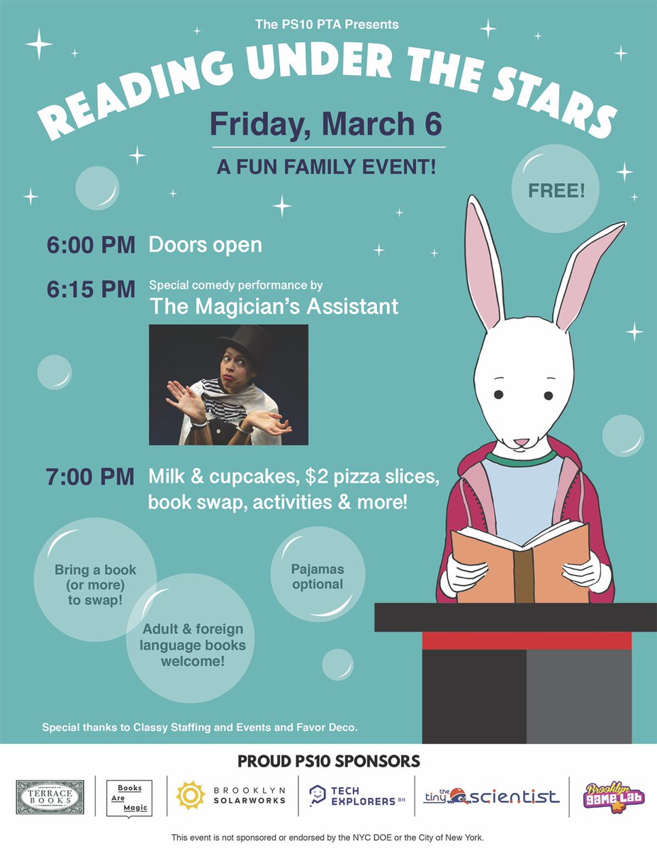 PS10Brooklyn's tweet image. Save the Date...Reading Under the Stars is next Friday night! 📚✨🔮🎩🌟📚 #ps10reads
