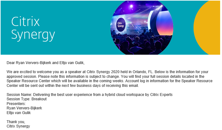 BOOM! #CitrixSynergy here we come again! Very excited to be a presenter with @eltjovg at #CitrixSynergy! #CTP #Citrix