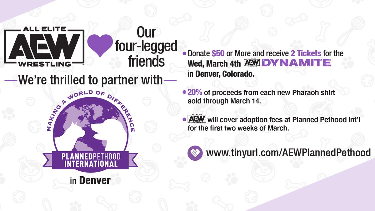 - Donate $50 or more and receive 2 tickets for the Wed, March 4th #AEWDynamite in Denver, CO
tinyurl.com/AEWPlannedPeth…
- 20% of proceeds from each new Pharaoh shirt sold through March 14.
- #AEW will cover adoption fees at Planned Pethood Int’l for the first two weeks of March.
