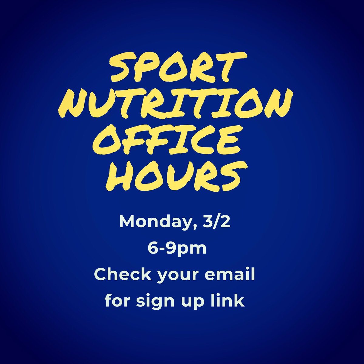 GoGriffsFuel's tweet image. I am on campus Monday, 3/2 from 6-9pm. Sign up for appt using emailed link. Please share with teammates!! Come meet if you want help with wt goals, travel, building power or speed, managing body composition. Final office hrs this semester will be Tues, 3/31 6-9pm
#gogriffs