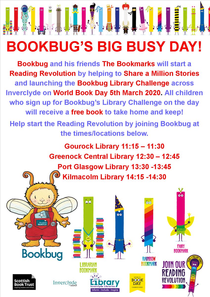 InverclydeLibs's tweet photo. We're so excited....and we just can't hide it!!
Only 6 sleeps until World Book Day and the launch of this year's Bookbug's Library Challenge!
Big Bookbug's going to be very busy!!β€οΈπβ€οΈ
@Bookbug_SBT @WorldBookDayUK
#BookbugLibraryChallenge #WorldBookDay #WorldBookDay2020 https://t.co/lsIDk1VwzZ