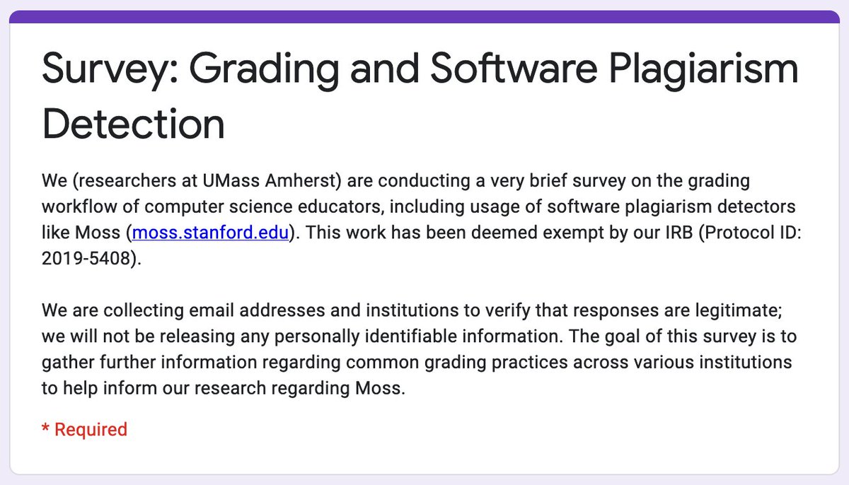 bdevorem's tweet photo. CS faculty, TAs, and graders: please fill out this quick survey about grading practices (including plagiarism detection) in your CS courses! https://t.co/nrN1O9SH0S https://t.co/kHtZZoS9j7
