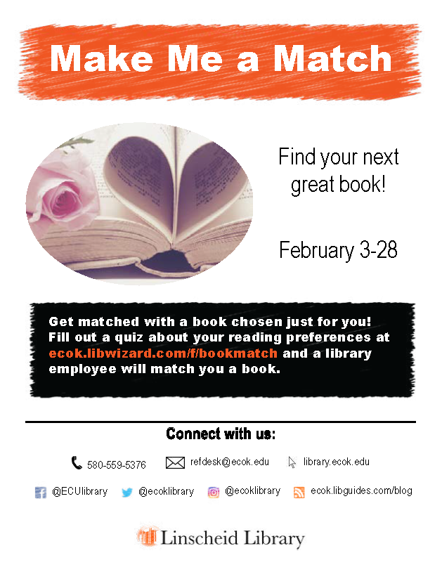 Today's your last chance to get matched with a book! 📕
Fill out a quiz about your reading preferences at ecok.libwizard.com/f/bookmatch and a library employee will match you with a book.
#ecoklibrary #ecutigers #makemeamatch #bookmatch