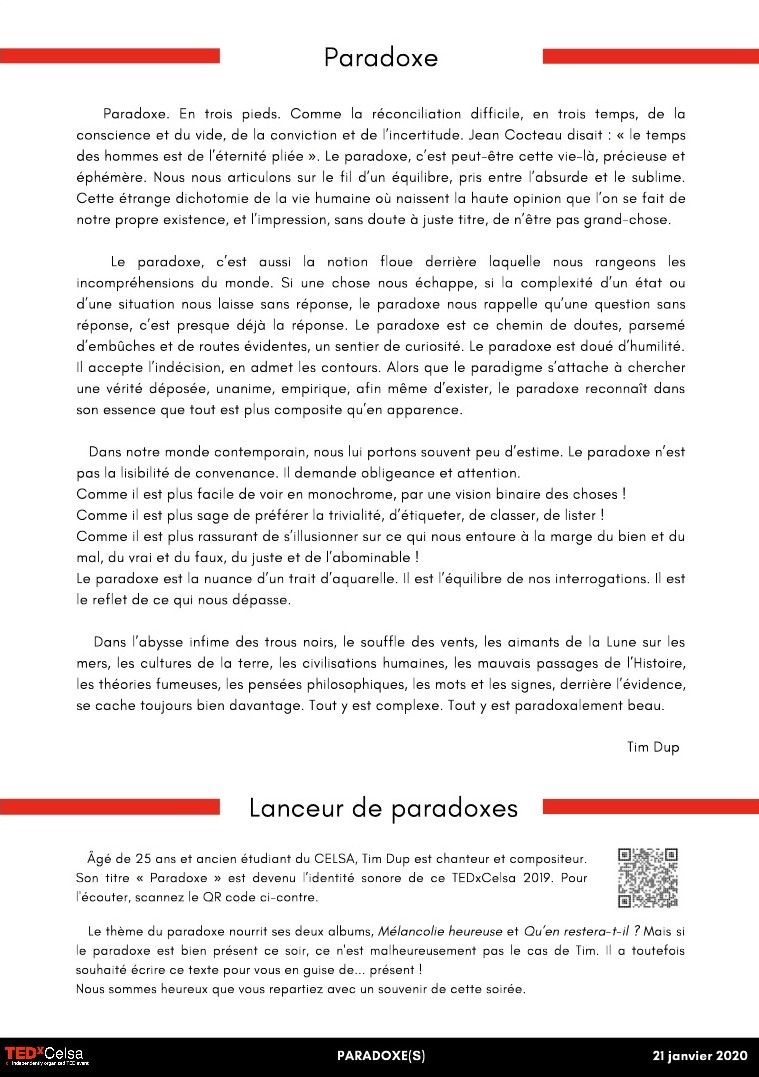 Retour sur la soirée du 21 janvier
<a href="/Tim_Dup/">Tim Dup</a> a écrit, spécialement pour le #TEDxCelsa, un poétique #paradoxe en prose incarné sur scène par <a href="/nicolasbelot/">Nicolas Belot</a>.
<a href="/CELSA_Officiel/">CELSA</a> <a href="/CelsaAlumni/">CelsaAlumniNetwork</a> @Sorbonne_Univ #CelsaFamily