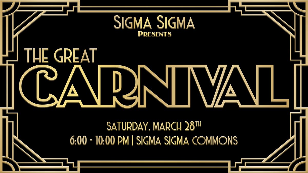 EECarnival's tweet image. Sigma Sigma Presents:

The GREAT CARNIVAL

Saturday, March 28th
6-10 PM on Sigma Sigma Commons

We&apos;re officially one month away and would like to invite you to a night filled with food, music, and fun! Make sure to put it on your calendar!
