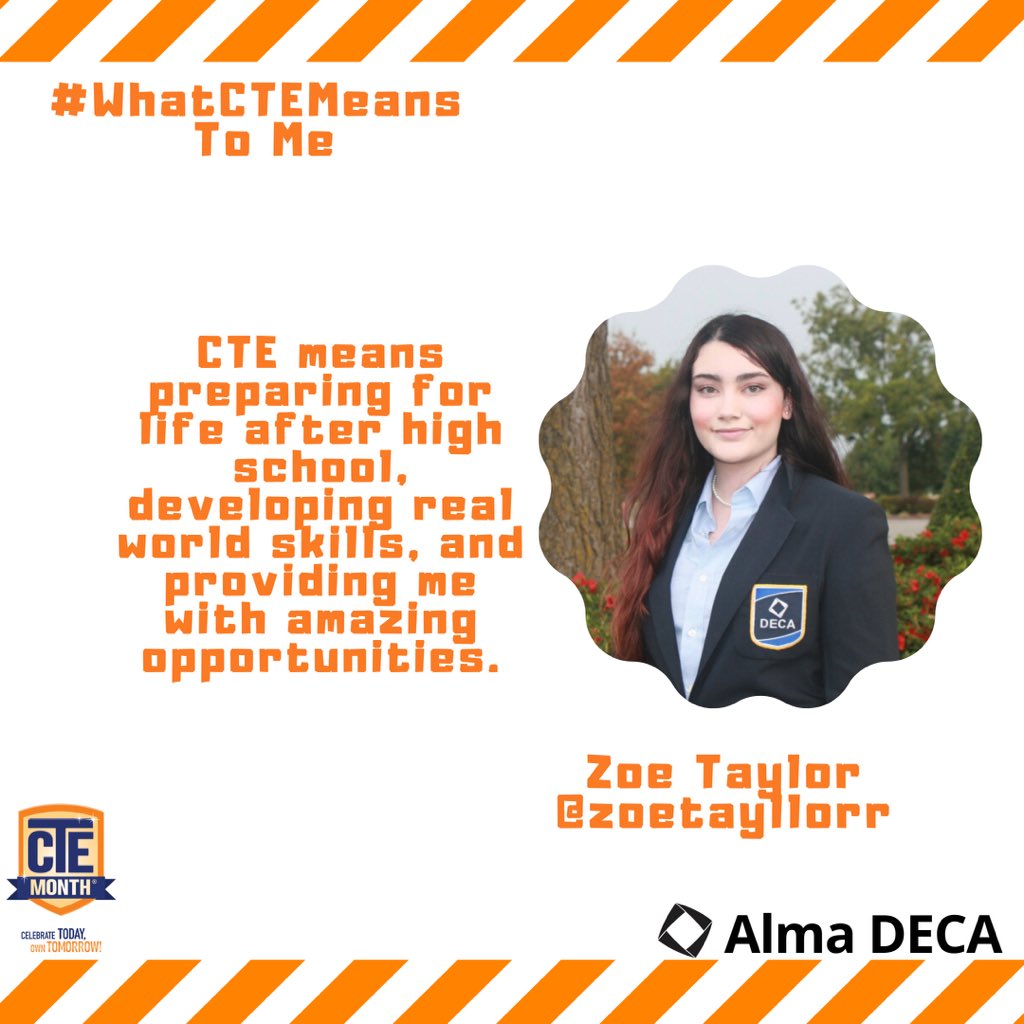 MBAResearchNEWS's tweet photo. As #CTEMonth comes to an end, we wanted to recognize @AlmaDECA for rocking their social media campaign out of the park! Thanks for sharing your CTE stories and stats on #WhatCTEMeans and why #SkillsMatter. See you at #DECAICDC! @DECAInc https://t.co/WvY3TAGXkt