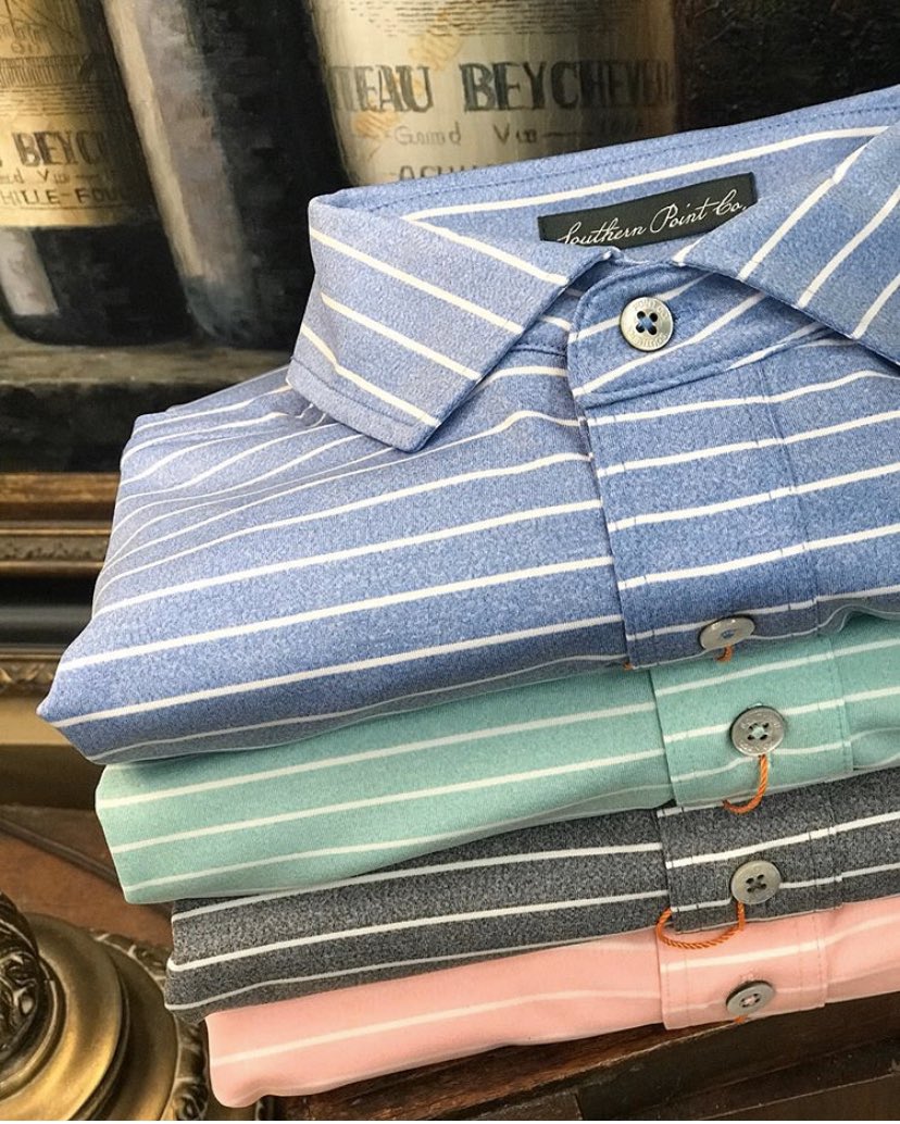 NEW Heathered Performance Polos with sewn in collar stays, 4-way stretch, &amp; mother of pearl buttons! Lots of new styles available at retailers now and online very soon! Photo cred: @sbrannonclothing #southernpointco #southernpoint #theoriginalbirddog #lifestyleonpoint #spring2020
