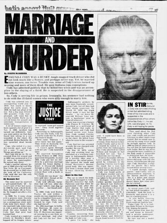 The craziness I'm currently looking at:  https://www.newspapers.com/clip/45792620/edmund-j-cody-wife-killer-1992/