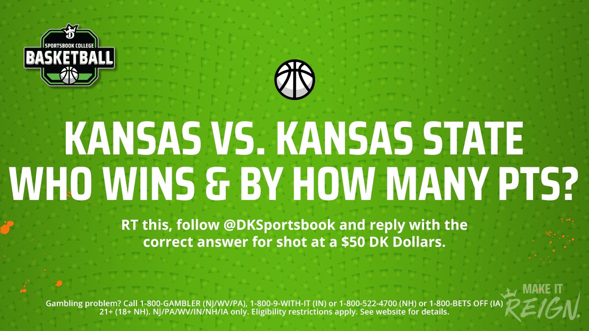 DKSports's tweet photo. 🚨GIVEAWAY🚨

Kansas visits Kansas State on Saturday. Who wins &amp; by how many points?

1. RT
2. Follow @DKSportsbook 
3. Reply with the correct answer

Three randomly chosen right answers have a shot at $50 DK Dollars.

Ts &amp; Cs: https://t.co/mEoYn9Xh3B https://t.co/ip9auw7G3y
