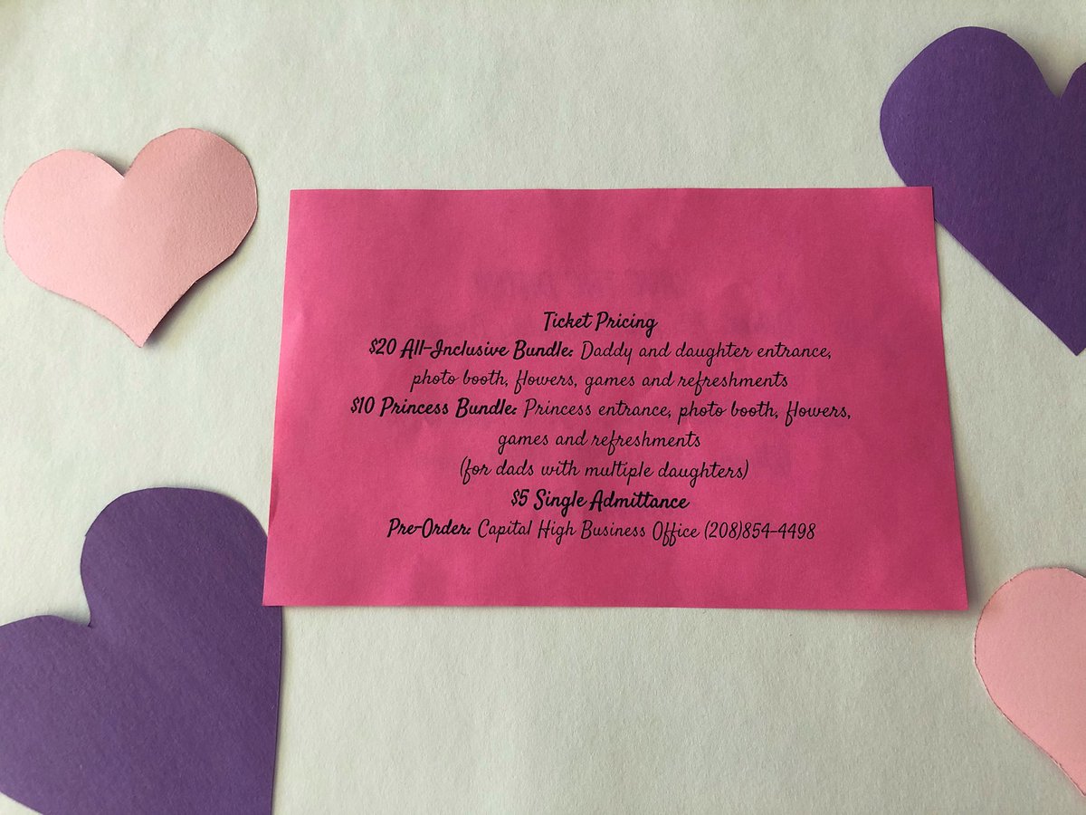 Get ready!! DADDY DAUGHTER DANCE🥳💃🏼— ticket pricing down below 
MARCH 14th 
CAPITAL HIGH SCHOOL GYM
