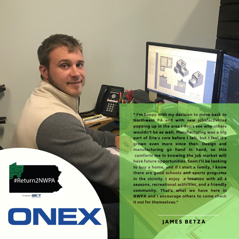 Another #return2nwpa moment....James Betza tells his own story of transitioning back to the northwestern PA region to work at <a href="/Onex_Inc/">Onex, Inc.</a> in Erie PA. 

industryneedsyou.com/james-betzas-r…