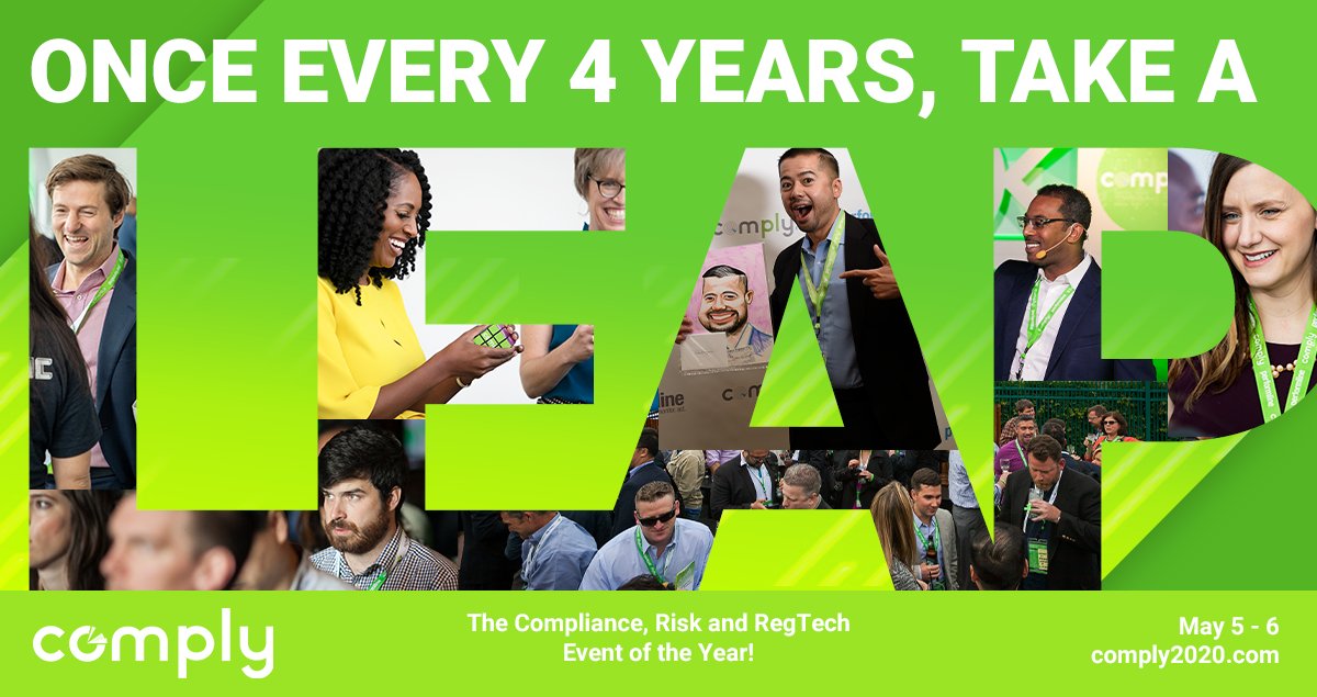 Bring your friends and "leap" into savings! Register now for #COMPLY2020 and save over $700 on 2+ tickets with the code LEAPYEAR. Hurry — this deal ends tomorrow! bit.ly/2TuFVUu
