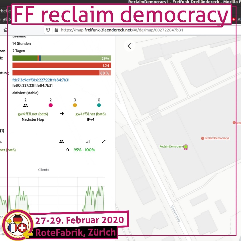 Diese Weekend findet der 2. #ReclaimDemocracy in der RotenFabrik in #Zürich statt.

reclaim-democracy.org

Hier Foto unserer #Freifunk-und #Mesh Netzwerk, welches wir Euch nicht vorenthalten.

Der freie unzensierte Zugang zu Informationen ist ein Eckpfeiler einer #Demokratie