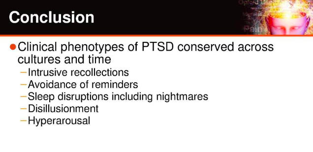 cmeoutfitters's tweet photo. The clinical phenotypes of #PTSD have remained constant across cultures and time. The first case of documented PTSD was ~3400 years ago in the kingdom of Assyria, with a warrior exhibited sleep disruptions, intrusive recollections, etc. - Dr. Charles Marmar #Chair2020 https://t.co/xX9zavAyNZ