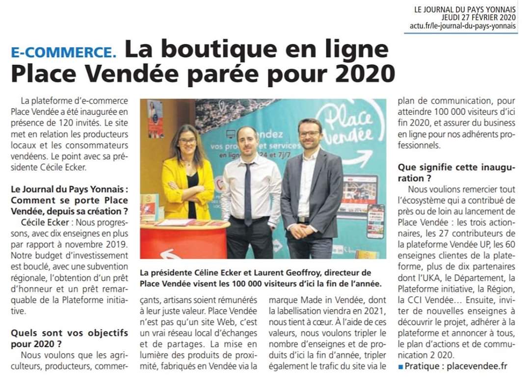 PlaceVendee's tweet photo. [Revue de presse] 📰
Article du @PaysYonnais 🗞 rétrospective sur notre soirée d'inauguration de la semaine dernière et sur nos ambitions pour 2020 ! 📈 https://t.co/CQVEmFJ70s