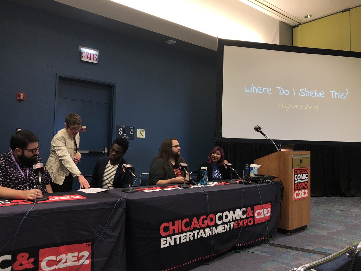 libcomix's tweet photo. We’re getting ready for #WhereDoIShelveThis with some amazing librarians and creators! #C2E2Lib #libcomix https://t.co/hk3r83vlsM