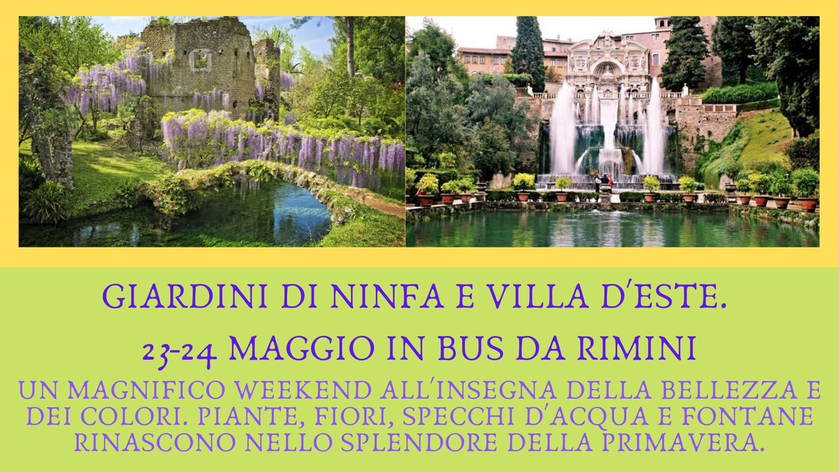 MisteroneViaggi's tweet photo. Giardini di Ninfa e Villa d'Este! 23-24 maggio in bus da Rimini 🌹🍁🌷🌲🍀 Un magnifico weekend all'insegna della bellezza e dei colori. Visita il nostro sito https://t.co/TxwTEZKtMD. Per info: 054129632, ilaria@misteroneviaggi.com https://t.co/M6gXjeaBj1