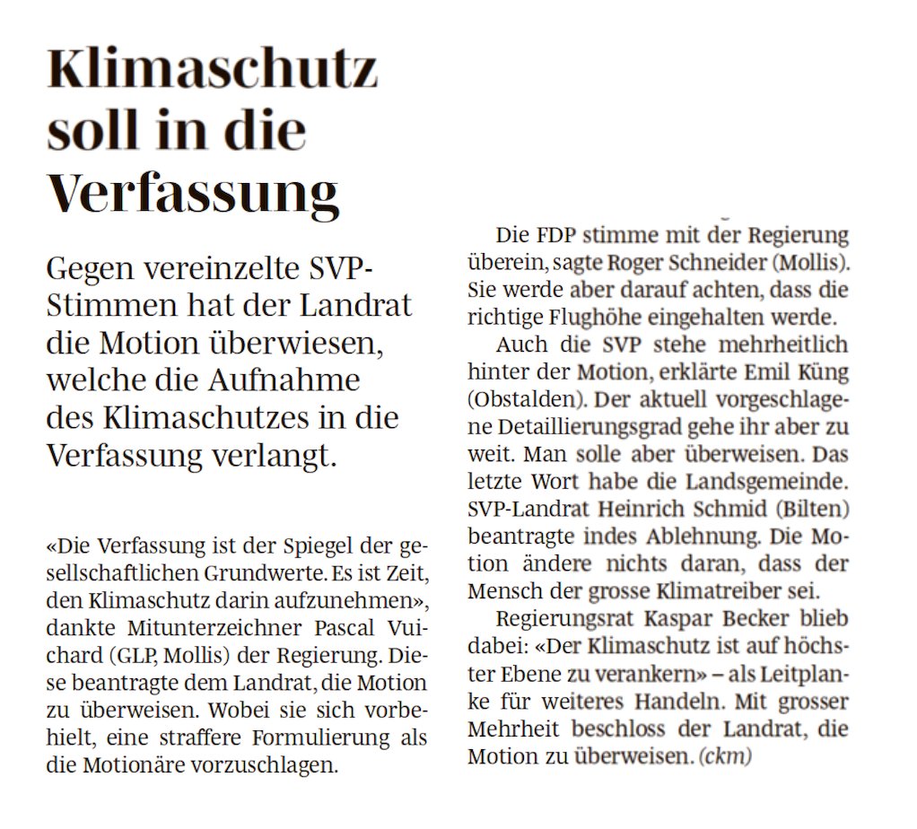 Fast ein bisschen untergegangen - aber doch ein Tweet wert😊

Der Landrat hat meine Motion für die Verankerung des #Klimaschutzes in der Verfassung überwiesen 👏💪

Freue mich auf die Diskussion im Ring! Wir wären nach dem Kanton Genf die Nummer 2 in der🇨🇭💪