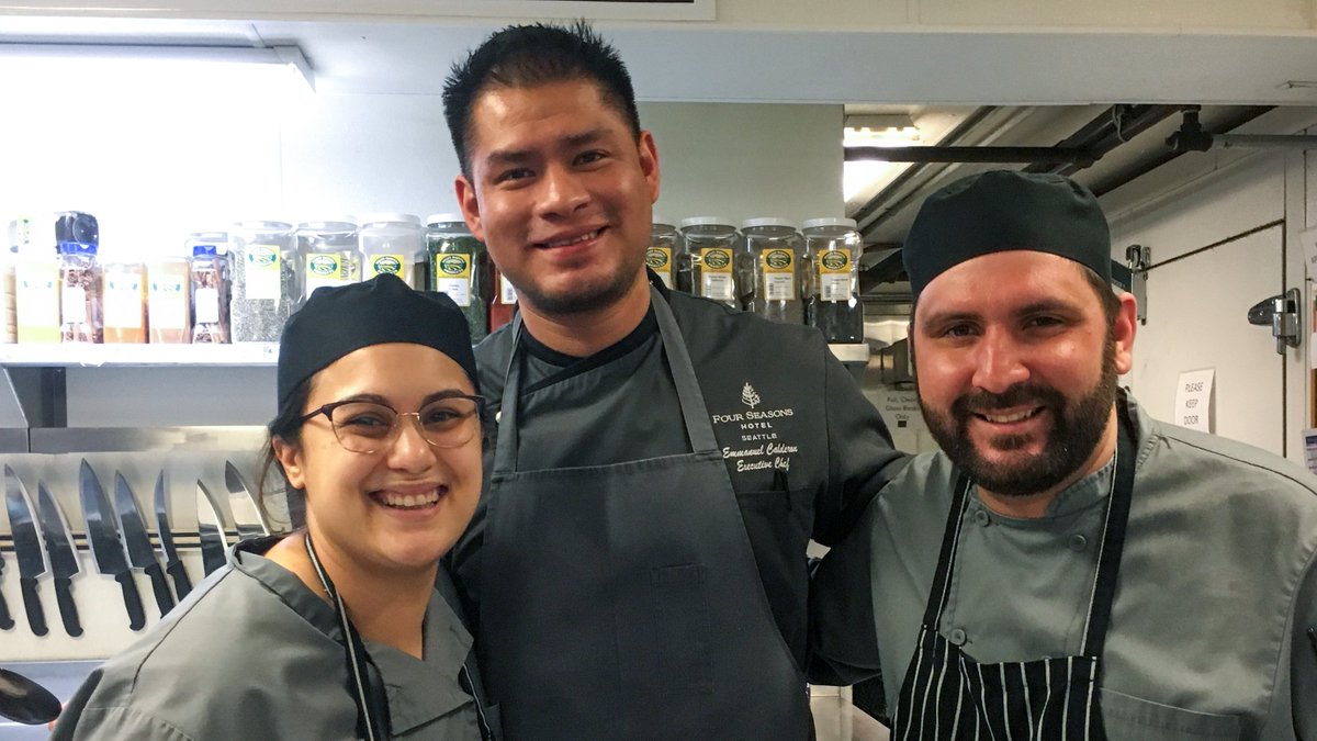 Manu Calderon (center) and chefs from <a href="/FSSeattle/">Four Seasons Seattle</a> + <a href="/GoldfinchTavern/">Goldfinch Tavern</a> prepared a beautiful dinner with the help of our students last night. It was extra special to have graduate Casey (left) back in the FareStart Restaurant kitchen!