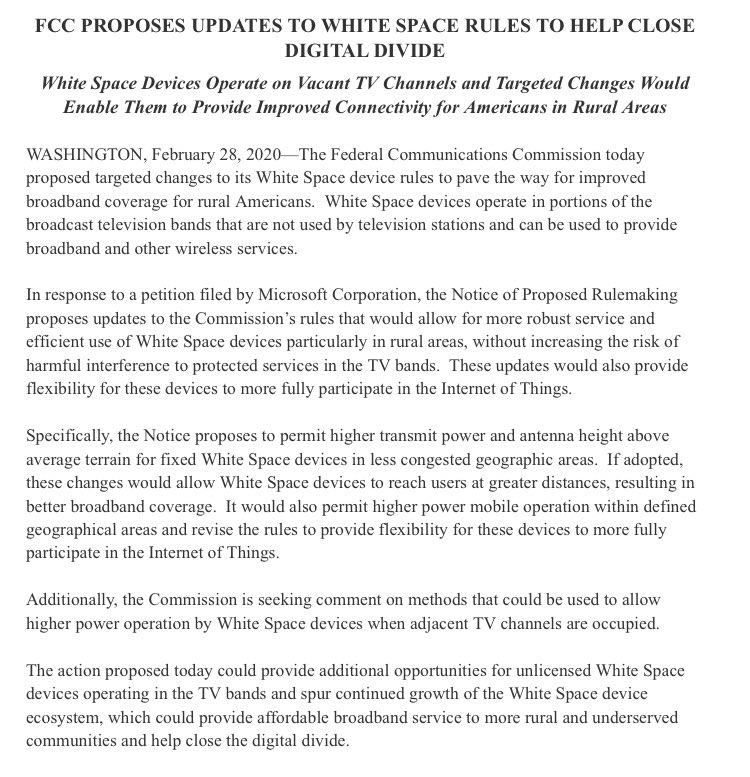 AjitPai's tweet image. In rural and remote areas, it can be hard to provide wireless broadband. @FCC today took a major step to addressing this by expanding potential of “TV #whitespaces”—spectrum where there isn’t a TV broadcast signal. This is our latest and exciting step to close the #digitaldivide!