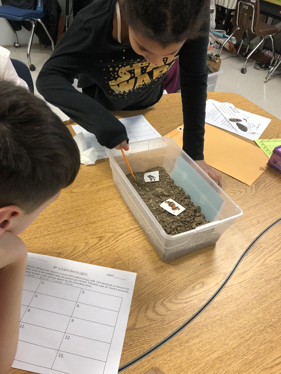 mrssmotherman's tweet photo. Cue Indiana Jones music! 🎵 These paleontologists are finding fossils in sediment and identifying their type! Thank you Mrs. Pickens for creating such a fun activity! These guys loved it #paleontology #schoolshouldbefun https://t.co/xaEk1GqUA2