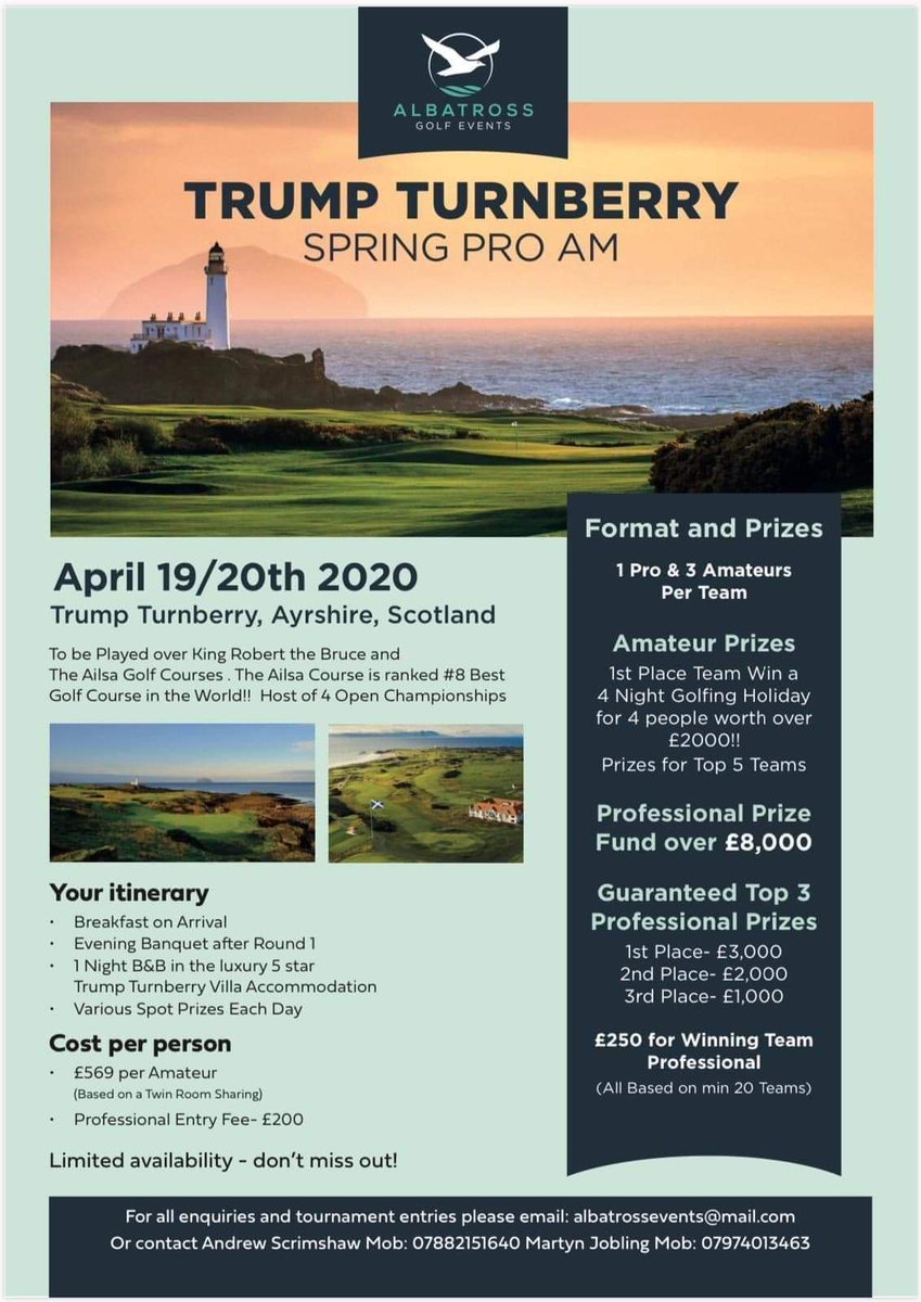 Anyone wanting to play a Spring Pro-Am <a href="/TrumpTurnberry/">Trump Turnberry</a> please get in touch! The Ailsa Course was reccently voted 8th Best Course in the World! Full details below. Stunning venue...@EventsAlbatross