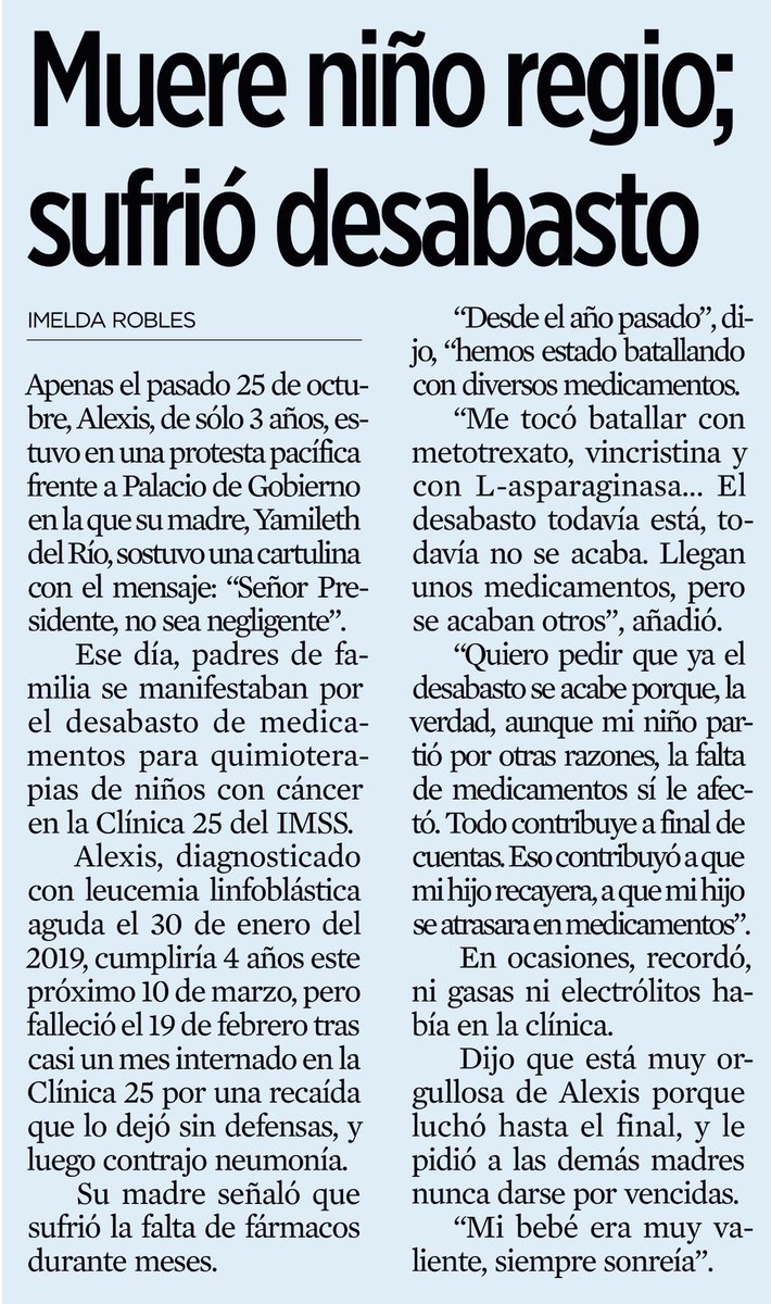 AnniaGomezNL's tweet photo. “Mi bebé era muy valiente, siempre sonreía”

Señor @lopezobrador_ le aseguro que Alexis no era “neoliberal” y tampoco murió para molestarlo a usted, pues él luchó hasta el último momento. 

Le rogamos atienda el problema de desabasto de medicamentos. ¿Si va a poder? https://t.co/eHhctBa5Yq