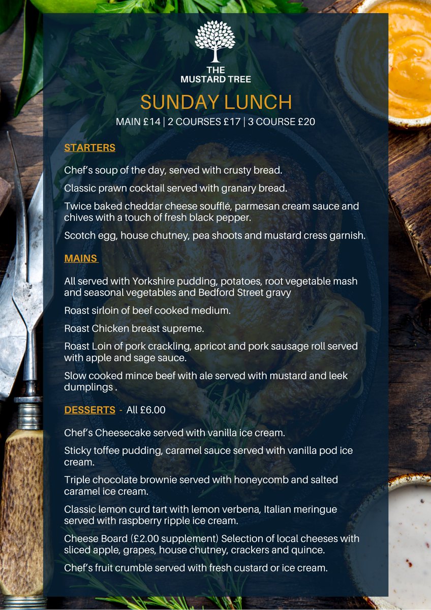 The Mustard Tree (@mustardtreebar) on Twitter photo ๐ฅฆ๐ฅ๐ฅ Book your Table for Sunday Lunch...๐จโ๐ณ๐
Sunday Lunch menu served 12pm to 4pm with choice of Starters, Mains & Desserts.
Main ยฃ14.00, 2 Course ยฃ17.00, 3 Course ยฃ20.00.
View Menu Online: themustard-tree.co.uk/sunday-lunch
Call Us: 01642 913 456
Website: themustard-tree.co.uk/middlesbrough ๐ฅฆ๐ฅ๐ฅ Book your Table for Sunday Lunch...๐จโ๐ณ๐
Sunday Lunch menu served 12pm to 4pm with choice of Starters, Mains & Desserts.
Main ยฃ14.00, 2 Course ยฃ17.00, 3 Course ยฃ20.00.
View Menu Online: themustard-tree.co.uk/sunday-lunch
Call Us: 01642 913 456
Website: themustard-tree.co.uk/middlesbrough