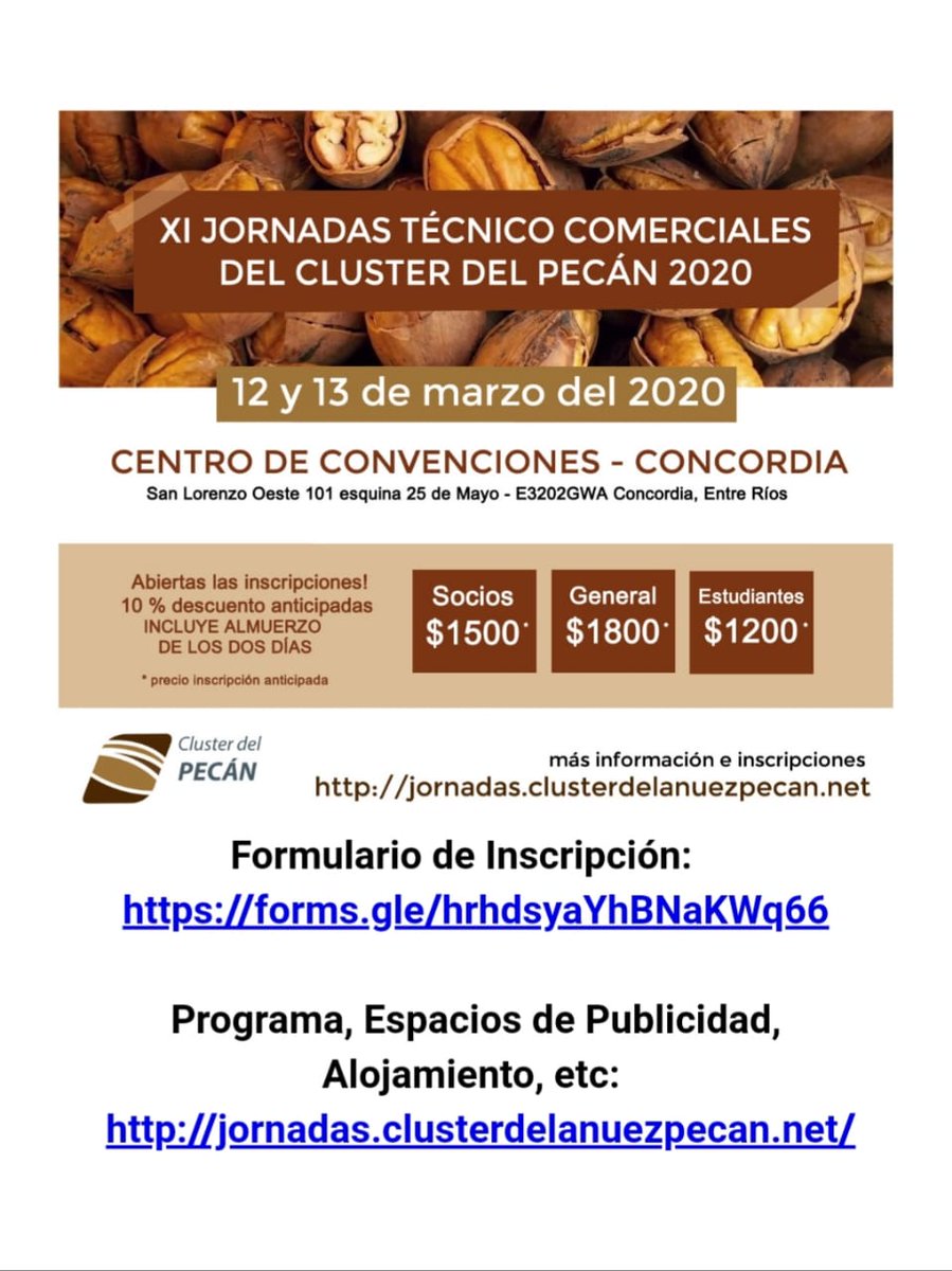 XI JORNADAS TÉCNICO COMERCIALES DEL CLUSTER DEL PECAN 2020 
🗓 12 y 13 de Marzo
   
Más info ⬇️

<a href="/MuniConcordia/">Concordia Municipalidad</a> <a href="/ConcordiaERios/">Compartí Concordia</a> <a href="/FrancoliniAlfre/">Alfredo Francolini</a> <a href="/GobiernoER/">Gobierno de Entre Ríos</a> <a href="/JuanjoBahillo/">Juan José Bahillo</a>