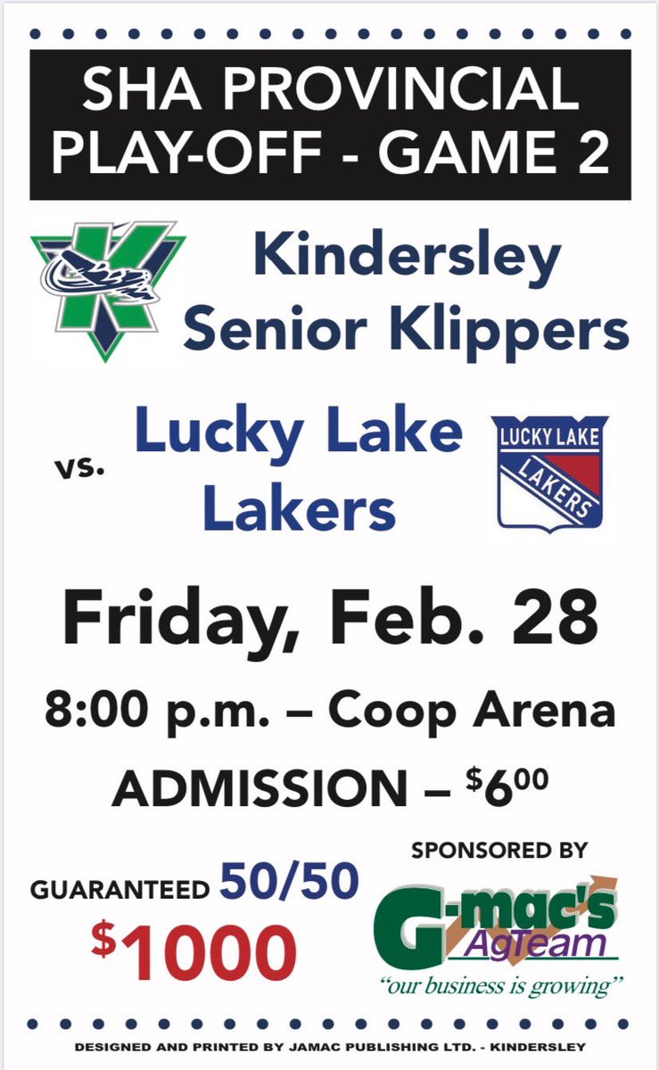 Uh ohh it’s #GAMEDAY! Game 2 of round 2 in provincials goes tonight as <a href="/LL_Lakers/">Lucky Lake Lakers</a> make the trek. Up 1-0 in the series, the Klipps look to close it out tonight and head to the North final! Oh btw, we have beer, as well as a $1000 50/50 thanks to GMAC’s #gotime #zignation