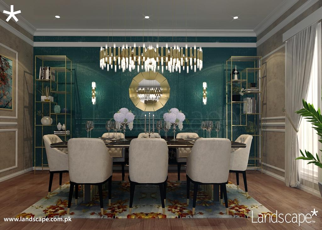 LandscapePLC's tweet photo. A mystique ambience for warm candle light dinners. This dining room bonds colours and patterns that elevate the space with a rich classical glam. The metal shelving give a sleek charm to the room whilst the armchairs ensure a comfortable dining experience. #LandscapePLC #interior https://t.co/teKky5pF6P