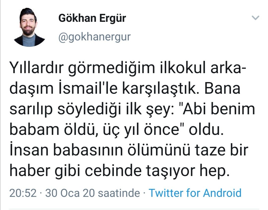 Şu tweeti yazdıktan günler sonra babamın kanser olduğunu öğrenmiştim. Bugün ise babam Şeref Ergür'ü kaybettim. Benim de cebimde taze bir haber var artık. Lütfen dua buyurun.