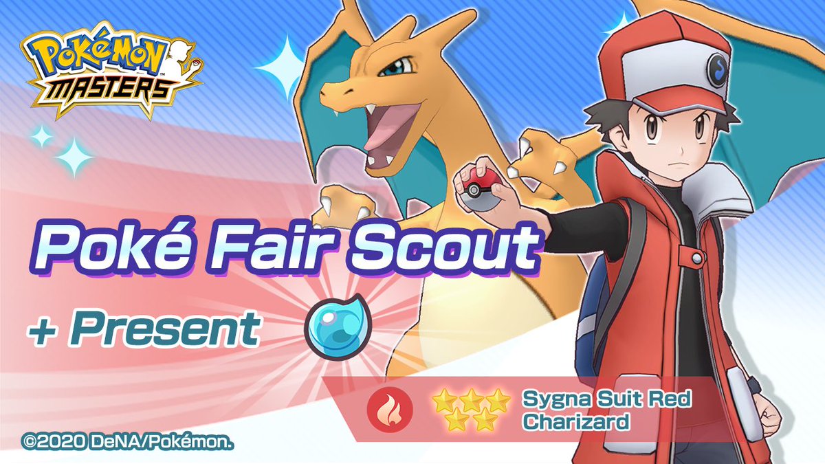 PokemonMasters's tweet photo. 5★ Sygna Suit Red &amp; Charizard make their debut in the Poké Fair Scout!

As part of our Six-Months Celebration, you’ll receive sync orbs as a bonus gift (up to five times) when you scout Sygna Suit Red &amp; Charizard!

Check the in-game news for more details.

#PokemonMasters https://t.co/Cpvk8UcBIV