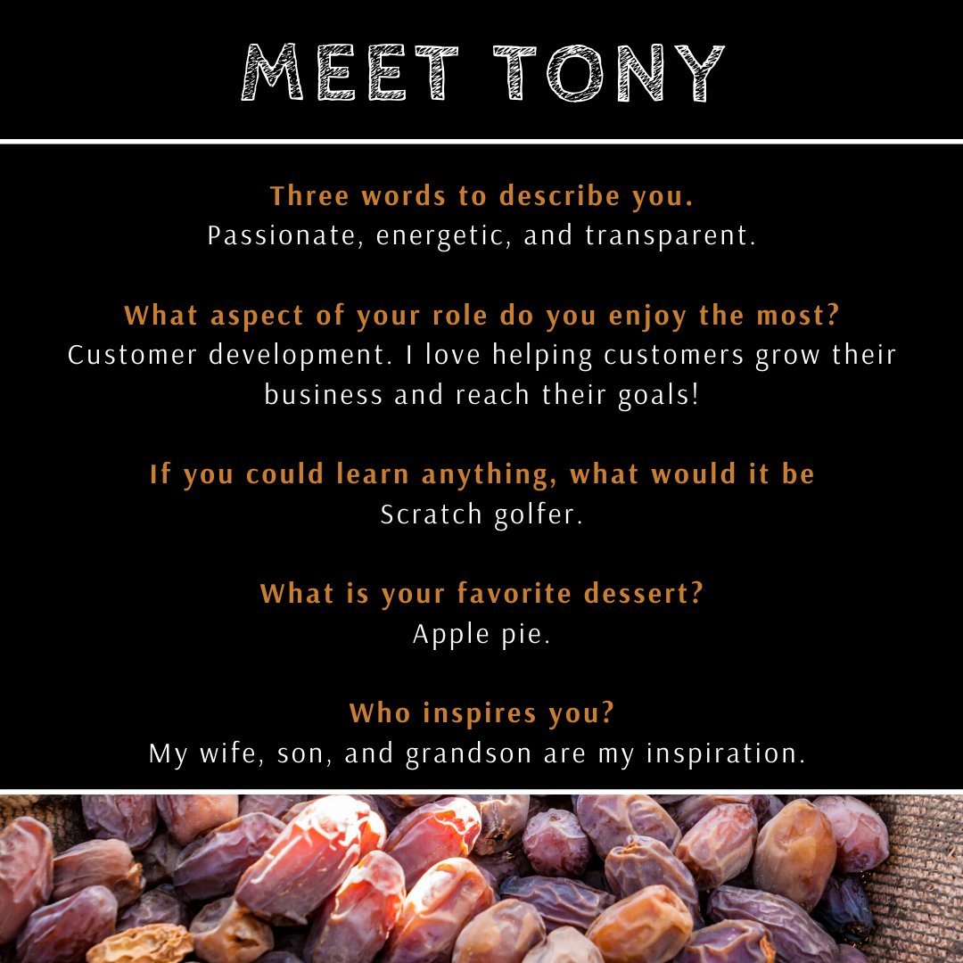 Meet Tony! Tony is the Director of Wholesale and works with startup to fortune 500 businesses worldwide!

Connect with Tony: info@woodspurfarms.com

#wholesaleteam #wholesale #woodspurfarms #organicdates #welovedates #californiadates #dateindustry #dateproducts #employeespotlight