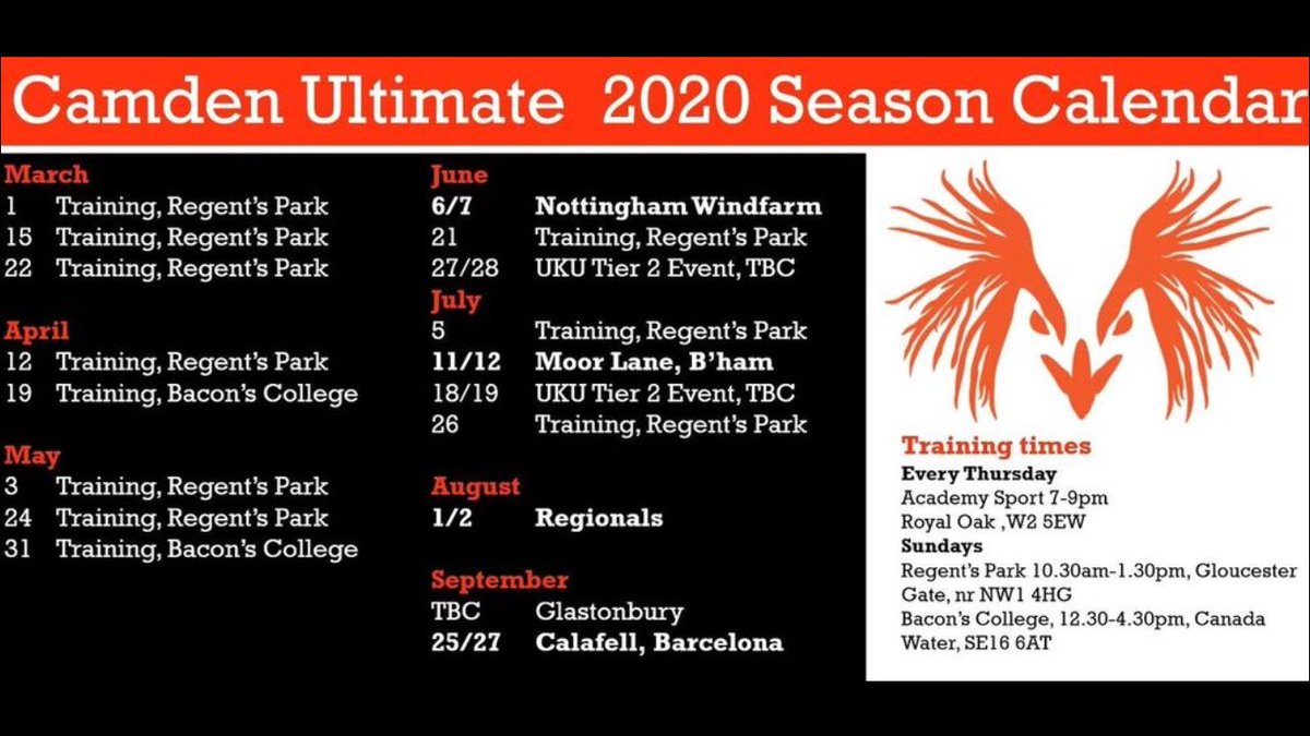 Our finalised calendar for the year! Excited to be back training on the 3G at <a href="/BaconsCommunity/">Bacon's Community Sports Centre</a> in the build up to the <a href="/UKUltimate/">UK Ultimate</a> season