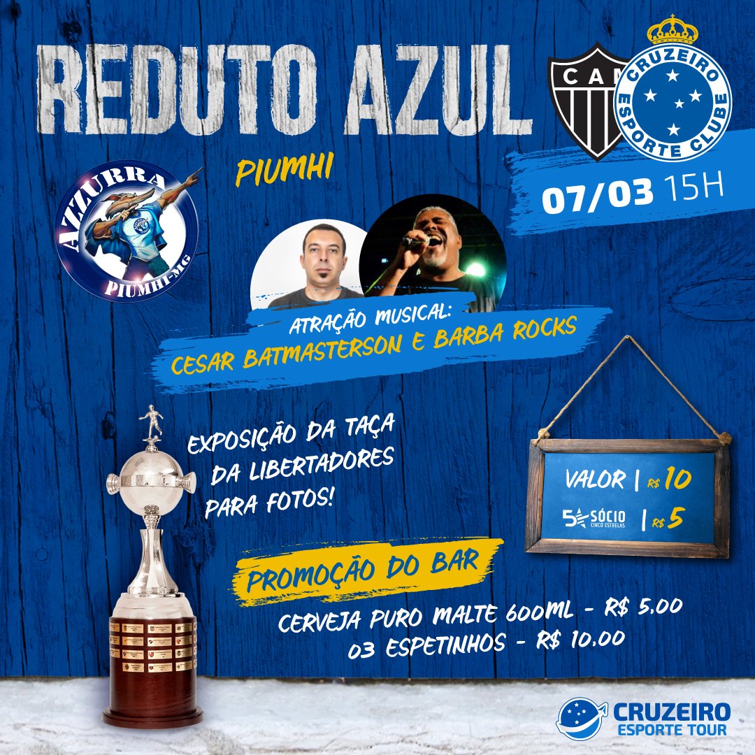 mais_cruzeiro_'s tweet photo. Atenção cruzeirenses de Piumhi, tem novidade boa chegando! Dia 07/03 tem REDUTO AZUL na Rua João Perez, 984.
Bora lotar porque é dia de clássico! 🍻🔵
Acesse https://t.co/u1izp24iuT
#CruzeiroEsporteTour #AgênciaOficial #RedutoAzul #PeloCruzeiro #NuncaFomosTãoCruzeirenses https://t.co/Gl6us24bjA