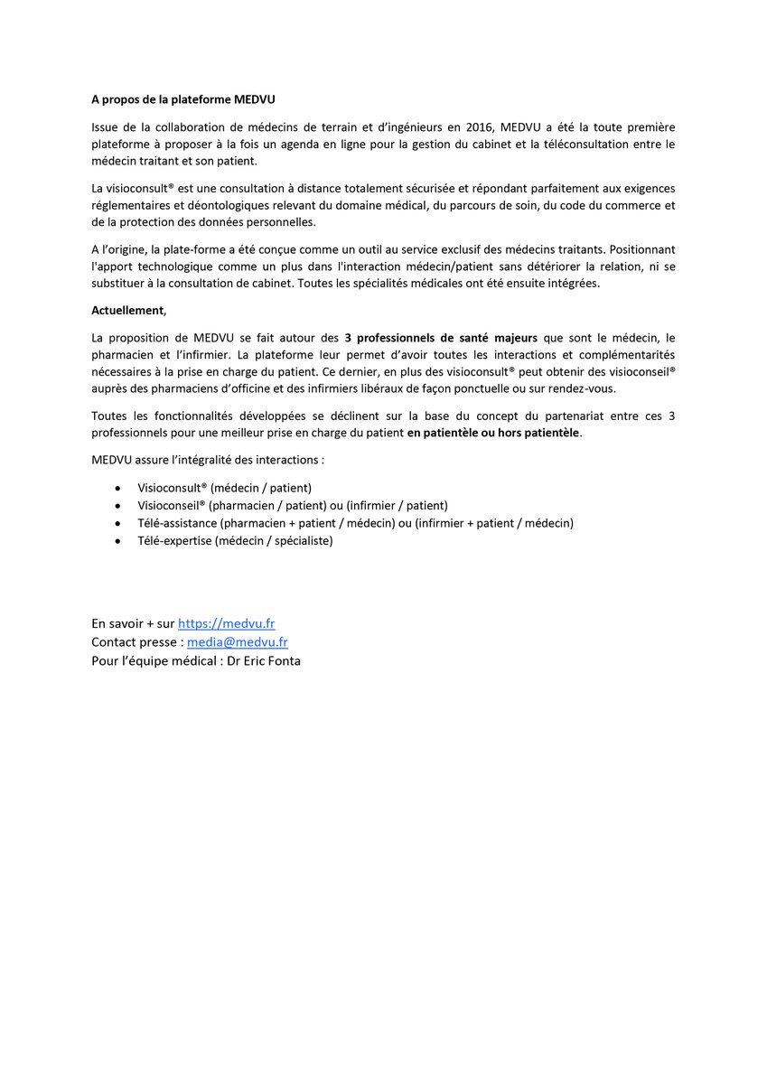 Lutte contre épidémie #Coronavirus Communiqué de presse de <a href="/MEDVU_fr/">MEDVU</a> à <a href="/ARS_IDF/">ARS Île-de-France</a> <a href="/AFP/">AFP News Agency</a> 26/02/20 pour laisser accès gratuit à tous les #médecin #pharmacien #patients français pendant 4 mois. Pour consult, conseil, régulation et continuer de prendre en charge les pathos habituelles.