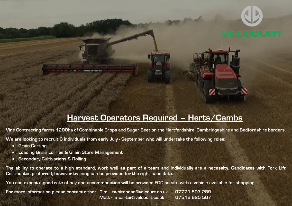 * 3 Harvest Operators Required – Herts/Cambs * <a href="/velcourt/">Velcourt</a>