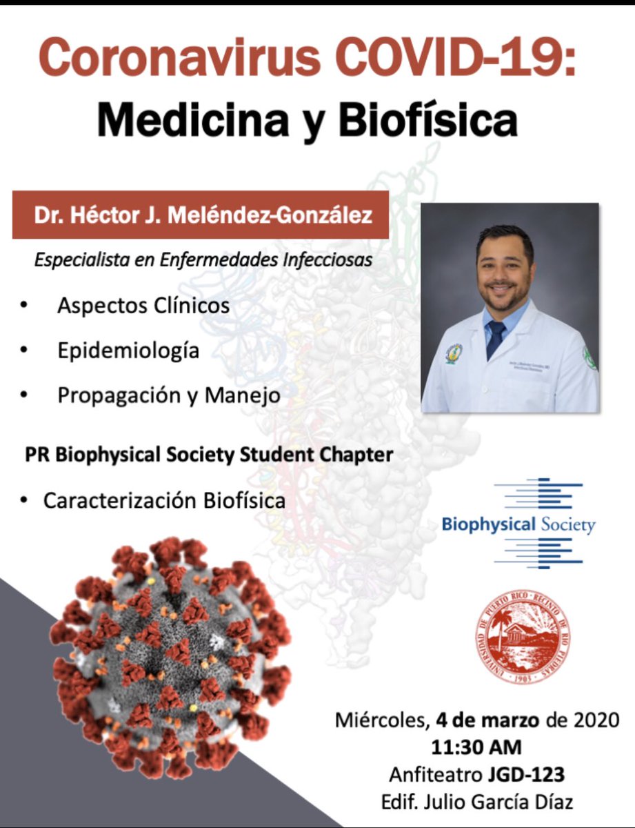 prbssc's tweet photo. El próximo 4 de marzo de 2020 a las 11:30 a.m. tendremos la conferencia titulada: “Coronavirus COVID-19: Medicina y Biofísica” por el Dr. Héctor Meléndez González en el Julio García Díaz 123 en la @uprrp 

¡Te esperamos! 🦠🦠 https://t.co/DNTsVpZYuf