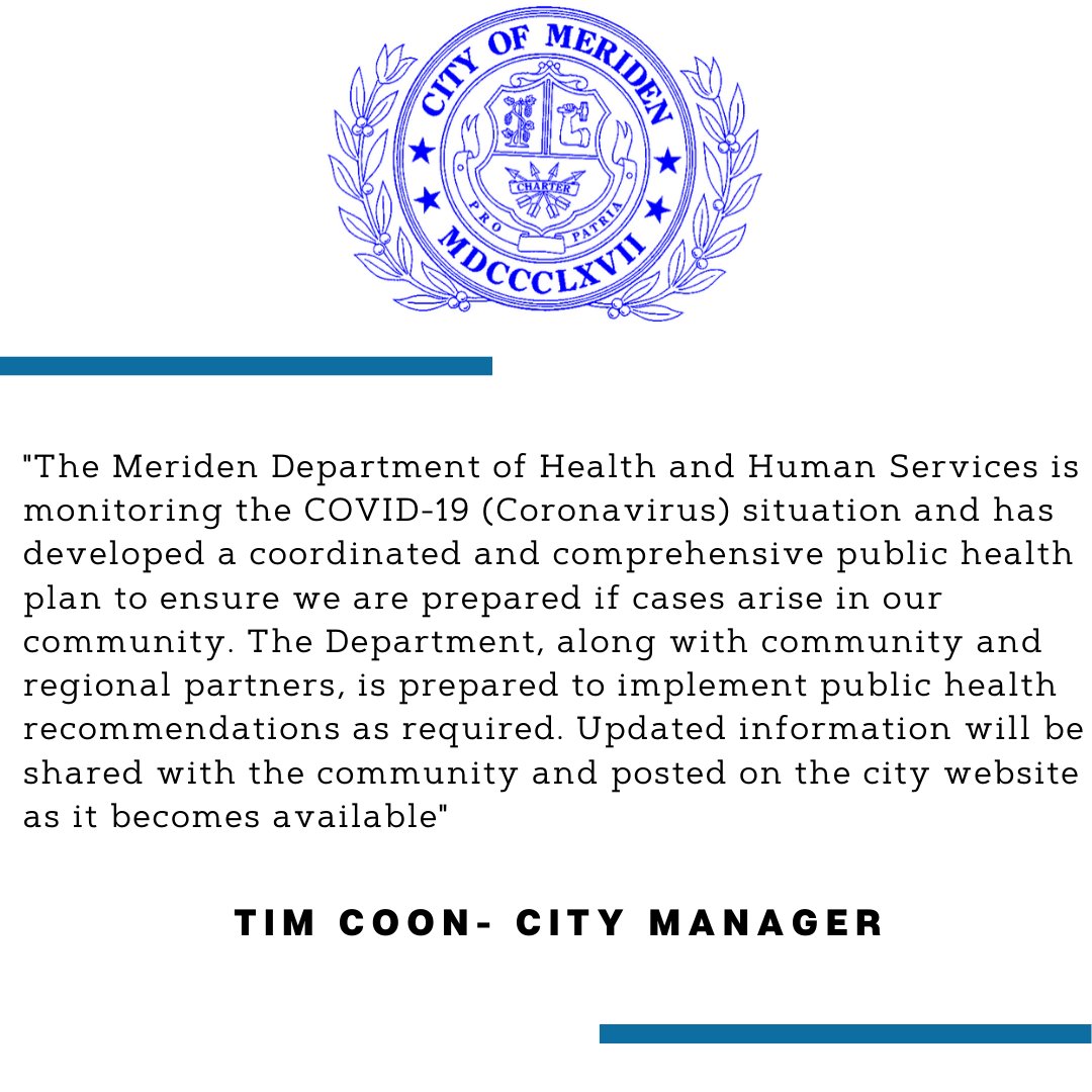 CityofMeriden's tweet photo. The City of Meriden is monitoring the COVID-19 situation. Updated information will be shared with the public via the city of Meriden website. For more details visit: https://t.co/svdvcewXdK https://t.co/6iHrP0QEpm