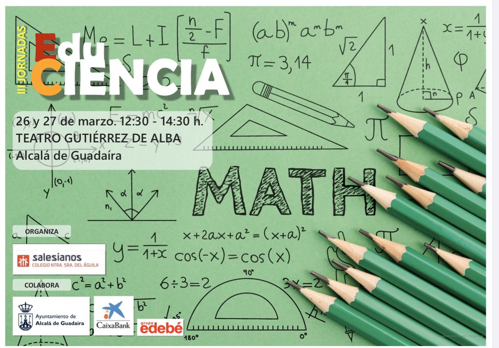 III Jornadas Educiencia. Un lugar para todos los jóvenes de Alcalá donde aprender junto a divulgadores científicos. Este año, dsfrutaremos con las matemáticas de <a href="/eliatron/">Tito Eliatron (José A. Prado-Bassas)</a> y <a href="/Pedrodanielpg/">Pedro Pajares</a> <a href="/ies_monroy/">IES Cristóbal de Monroy</a> <a href="/IESALGUADAIRA/">IES ALGUADAIRA</a> <a href="/IESALGUADAIRA/">IES ALGUADAIRA</a> <a href="/iesalbero/">IES Albero</a> <a href="/iesptg/">IES Tierno Galván</a> <a href="/aytoguadaira/">Alcalá de Guadaíra</a> <a href="/inspecalcala/">INSPECCIÓN ALCALÁ</a>