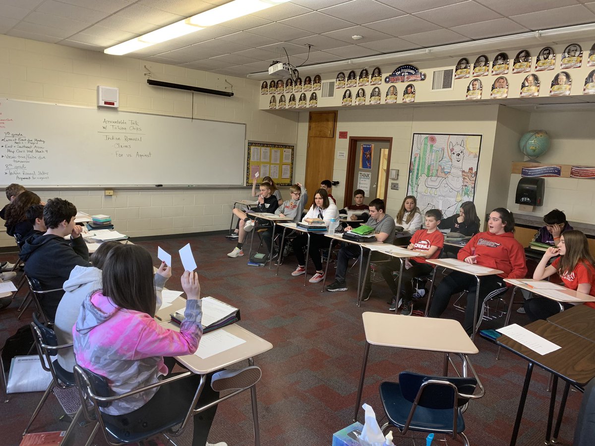 CoachKoenck's tweet photo. Fusing 2 strategies into 1 with 8th graders in Mrs Konz’s US History class. Accountable Talk with Talking Chips. Great discussion using evidence to support claims for and against the removal of Native Americans. #Fridaysareforlearning @TreynorCSD @Treynor_TLC https://t.co/uPiRPGLpXV
