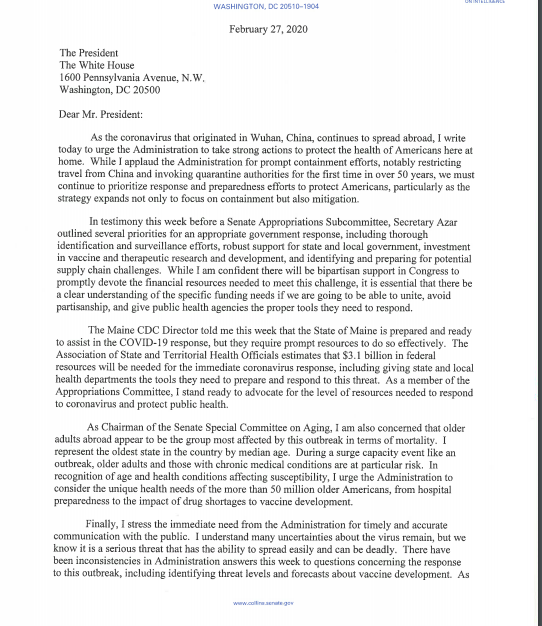 FoxReports's tweet photo. Collins sends letter asking for Trump admin to "bolster" coronavirus response. "There have been inconsistencies in Administration answers this week to questions concerning the response to this outbreak, including identifying threat levels and forecasts about vaccine development" https://t.co/98nciWvoK8
